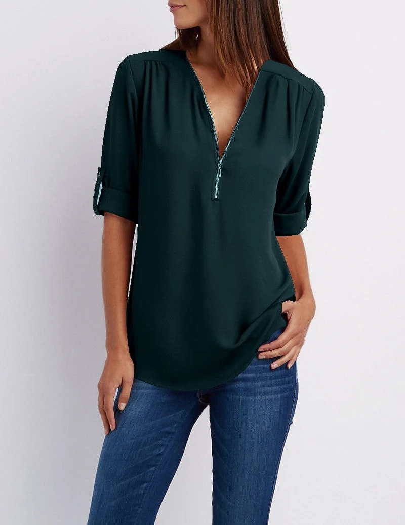 Title 41, Womens Zip V-neck Shirts Short Sleeve Loose To...