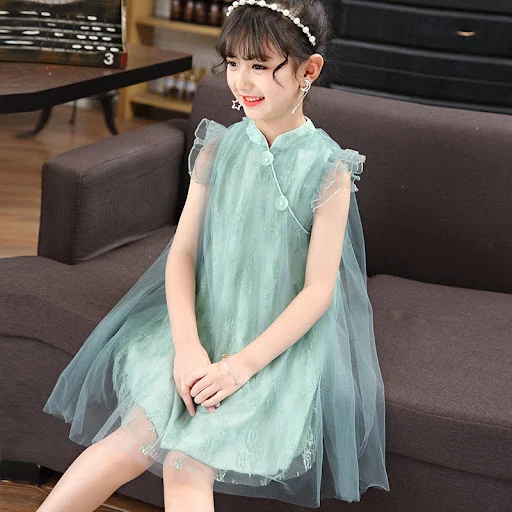 Title 5, Vestido infantil de malha com saia Cheongsam pa...