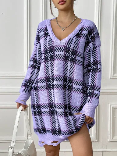 Title 2, Fashion V-neck Plaid Dress Casual Loose Long-sl...