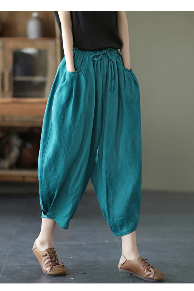 Women's Loose Cotton and Linen Lace-up Bloomers Pants. Comfortable, breathable, and stylish summer pants. Perfect for ca — photo 12