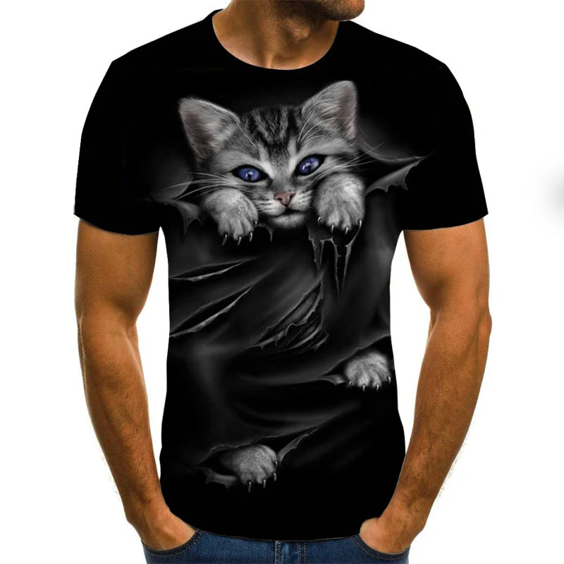 T-shirt da uomo con stampa digitale 3D di gatto animale, maniche corte, stile unico e confortevole, perfetto per un look casual e alla moda. — foto 8