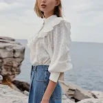 Top a maniche lunghe con bottoni in cotone jacquard sciolto da donna — foto 2