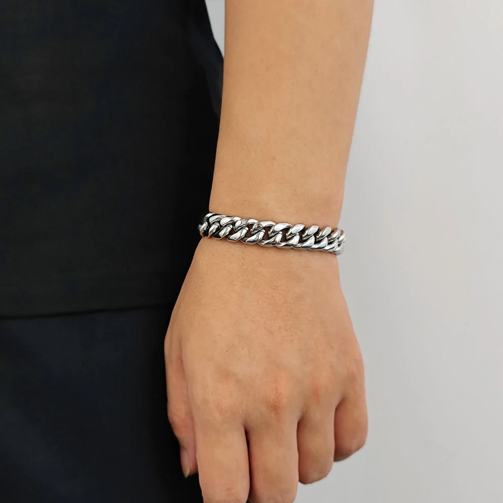 Pulseira cubana masculina de aço inoxidável com fivela de mola, estilo europeu e americano, design moderno e resistente. — foto 3