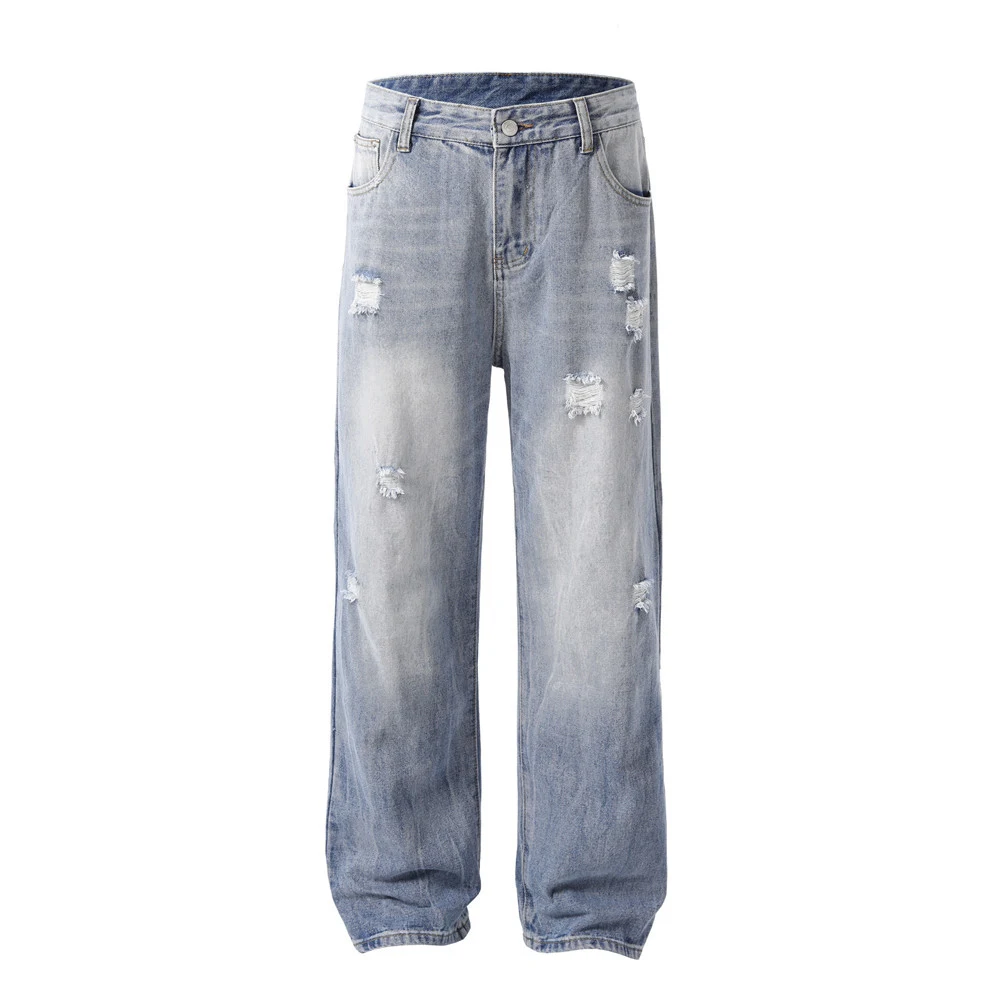 Heren straight-leg jeans met gaten en wassing. Comfortabele denim broek voor dagelijks gebruik, ideaal voor een casual en trendy uitstraling. — foto 1