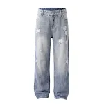 Heren straight-leg jeans met gaten en wassing. Comfortabele denim broek voor dagelijks gebruik, ideaal voor een casual en trendy uitstraling. — foto 1