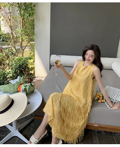 Title 12, Spring And Autumn Yellow Sleeveless Dress Loose