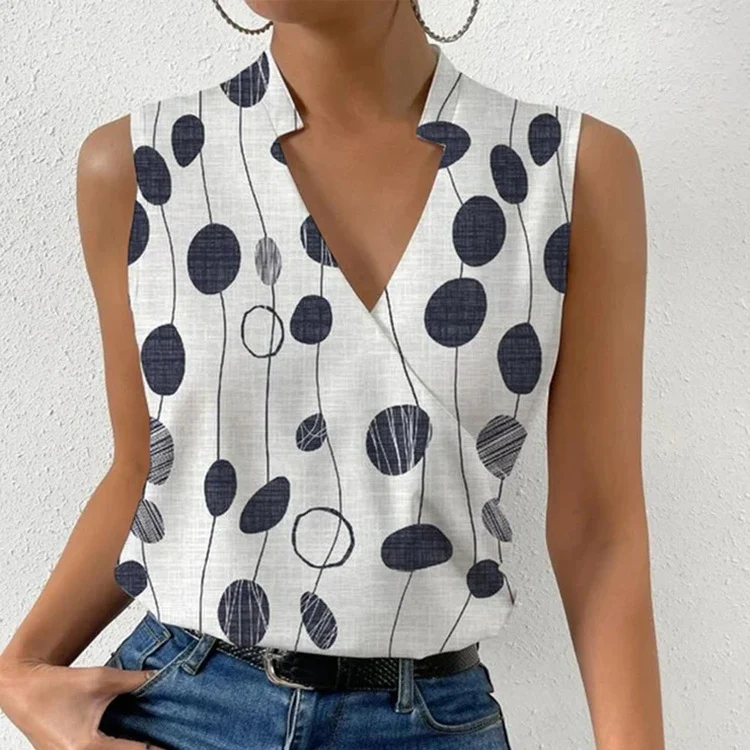 Casual Printed Tops Summer V-neck Sleeveless T-shirt Womens Clothing — photo 1