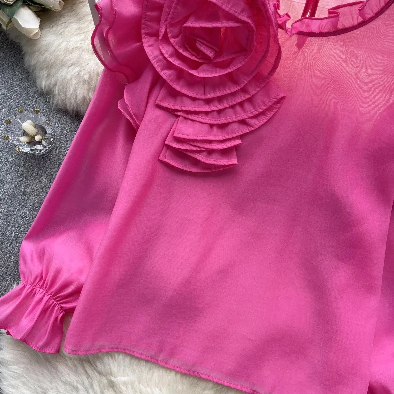 Title 11, Sweet Ruffled Collar Pullover Puff Sleeve Chiff...