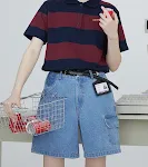 Pantaloncini in denim originali con tasche laterali, stile boyfriend retrò, vestibilità ampia da donna, comodi e alla moda. — foto 2