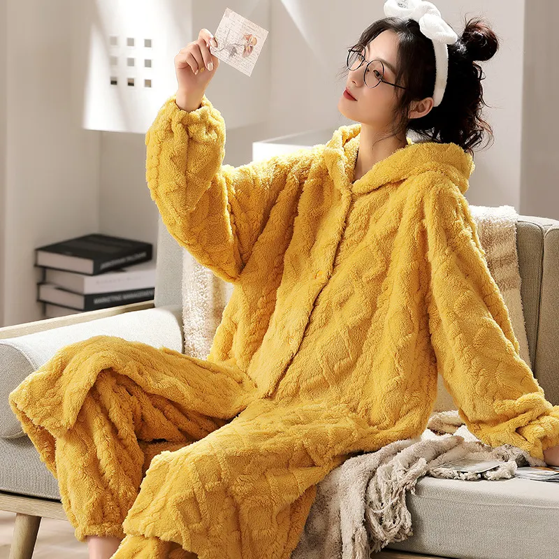 Title 3, Flannel Thickened Long Jacquard Hooded Home Ser...