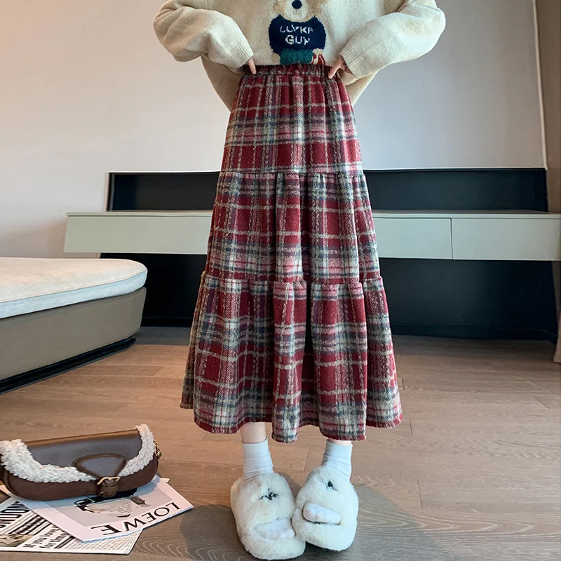 Title 5, Thickened Plaid Woolen Skirt for Women Autumn a...