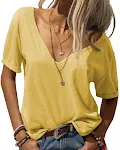 Camiseta de moda cor sólida com decote em V e mangas curtas. Perfeita para um visual casual e elegante. Conforto e estilo para diversas ocasiões. — foto 3