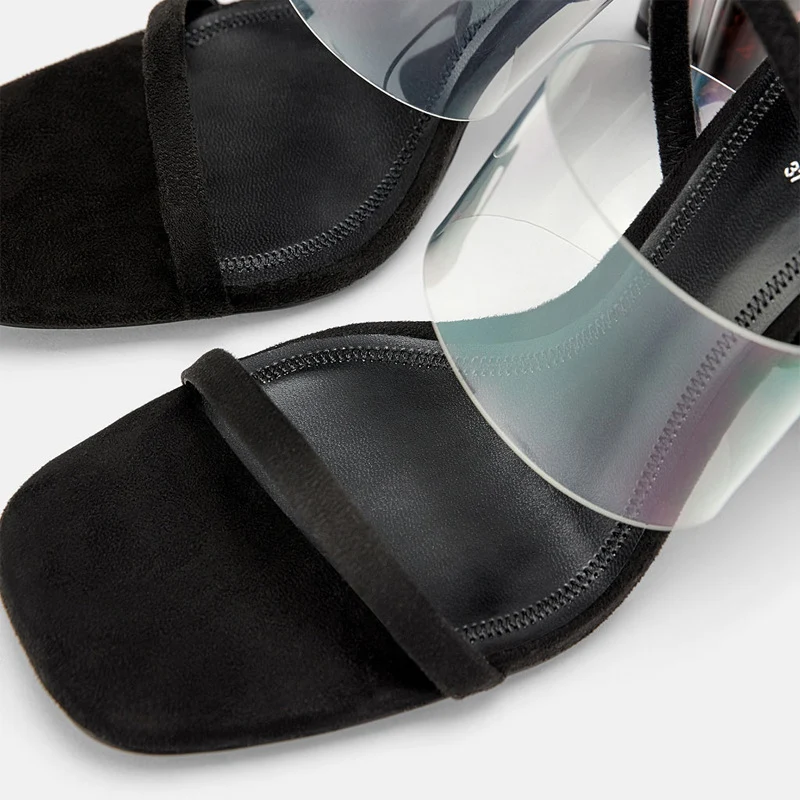 Women's mid-heel sandals featuring transparent thick heels, adorned with crystals, offering style and comfort for any oc — photo 4