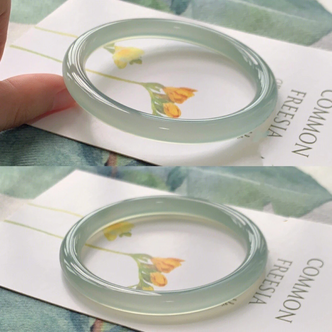 Bracelet rond épais Yuanshan Dai en calcédoine cyan huileux effet glace. Un bijou pour sublimer votre poignet avec élégance et raffinement. — photo 7