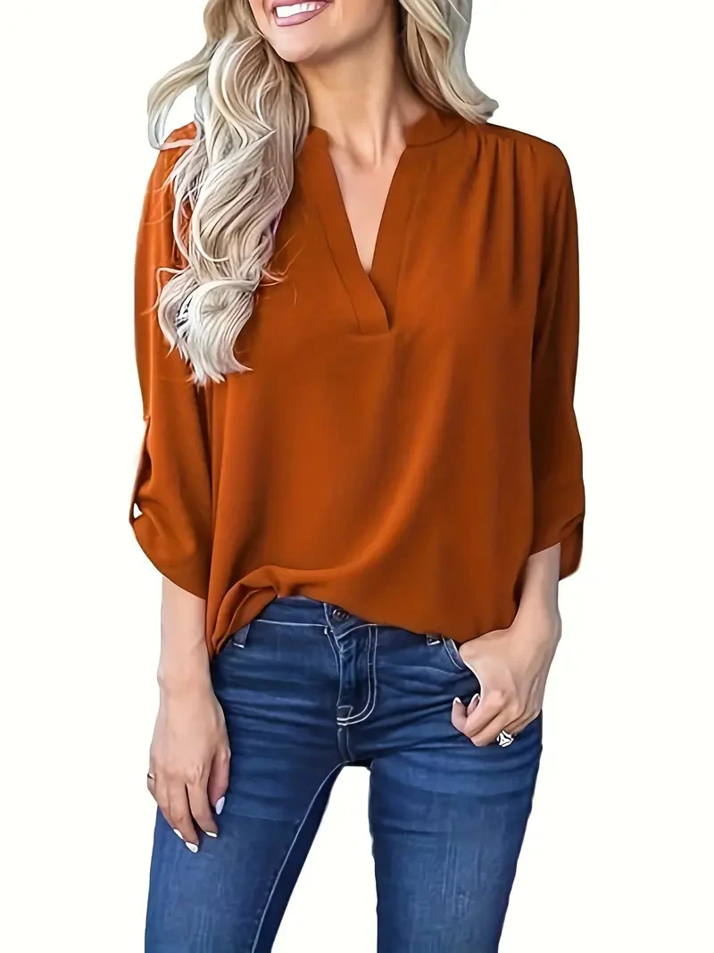 Camisa de chiffon com decote em V, mangas compridas e pregas nos ombros para primavera e outono, estilo europeu e americano, perfeita para diversas ocasiões. — foto 1