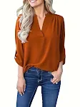 Camisa de chiffon com decote em V, mangas compridas e pregas nos ombros para primavera e outono, estilo europeu e americano, perfeita para diversas ocasiões. — foto 1