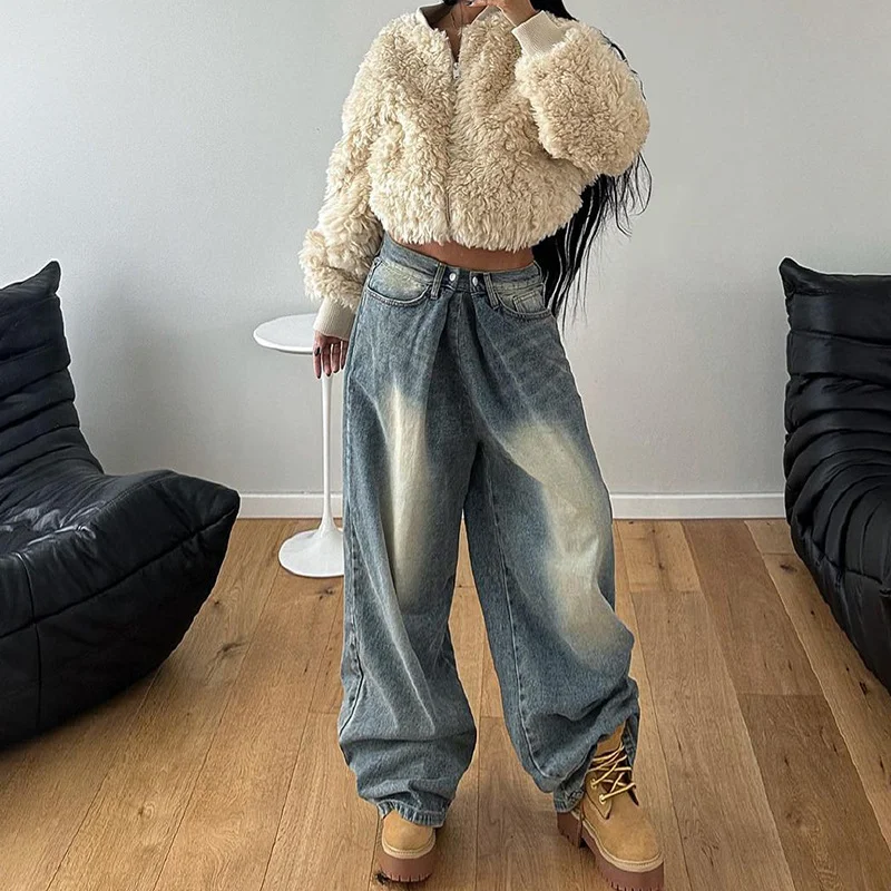American Retro Washed Waist Pleated Basic Casual Jeans Street Style. Comfortable and versatile jeans for everyday wear a — photo 2