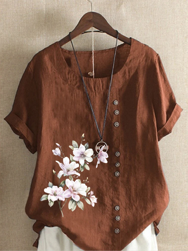 Women's Retro Cotton And Linen Print Loose Casual Shirt Short Sleeve — photo 8