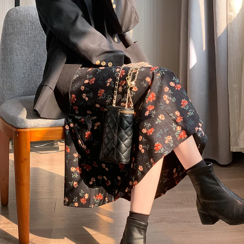 Title 3, Womens corduroy skirt with small red flowers, ...