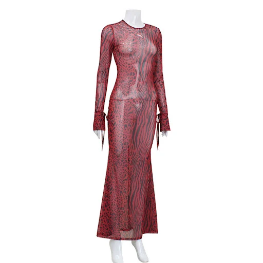 Title 10, Long Slim-fit Evening Dress with Line Mesh Flor...