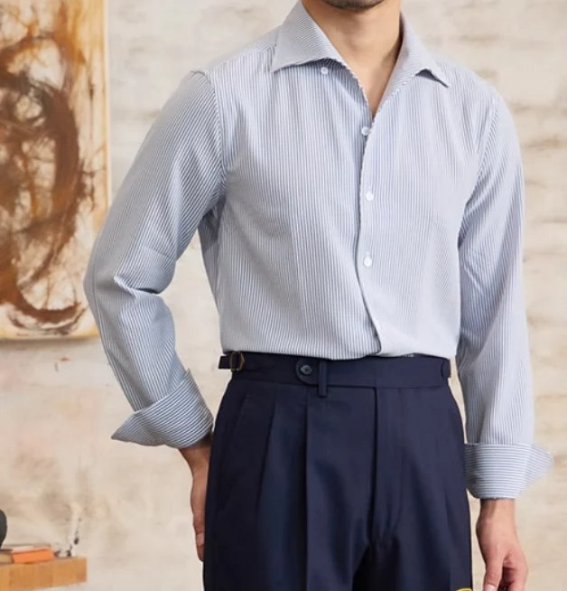 Title 5, Camisa listrada de manga longa masculina Slim F...