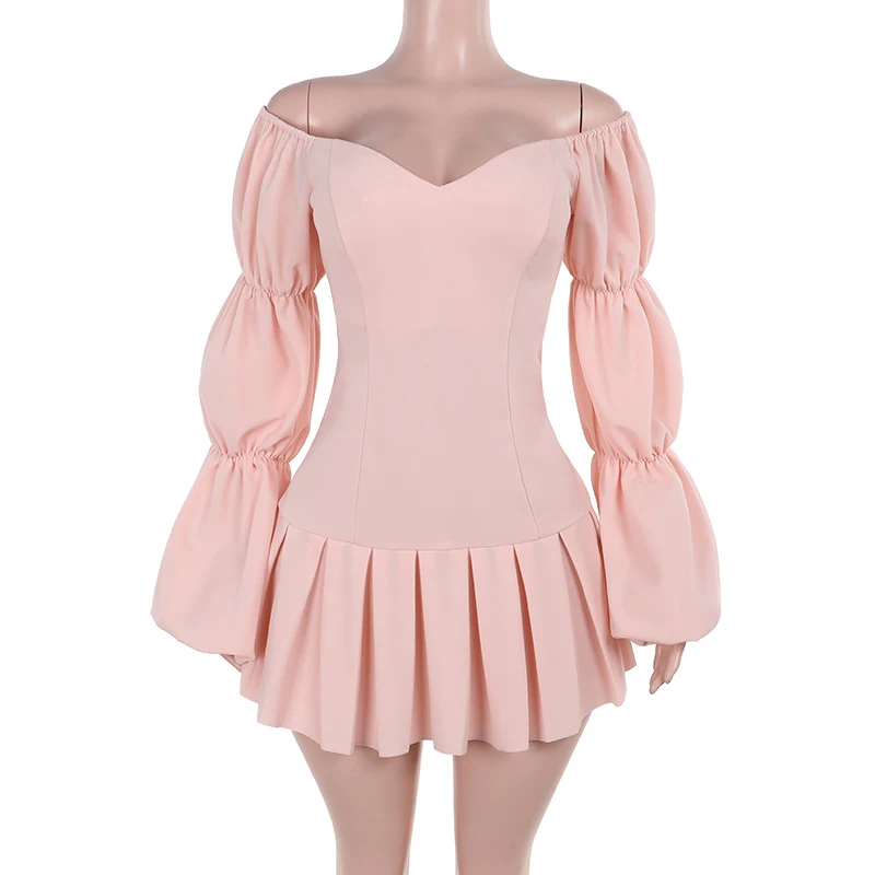 Off-shoulder Lantern Sleeve Pleated Dress — photo 2