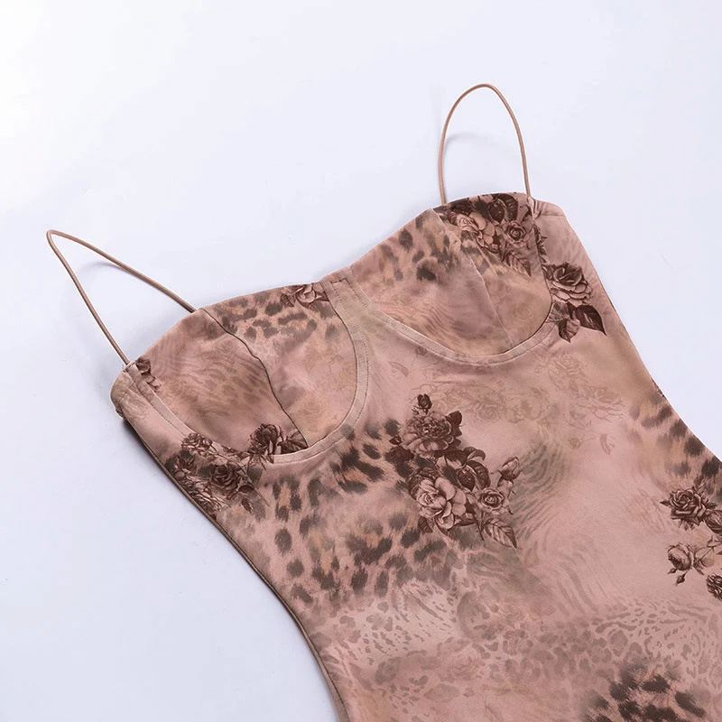 Title 2, Womens Leopard Rose Retro Spaghetti Straps Dress