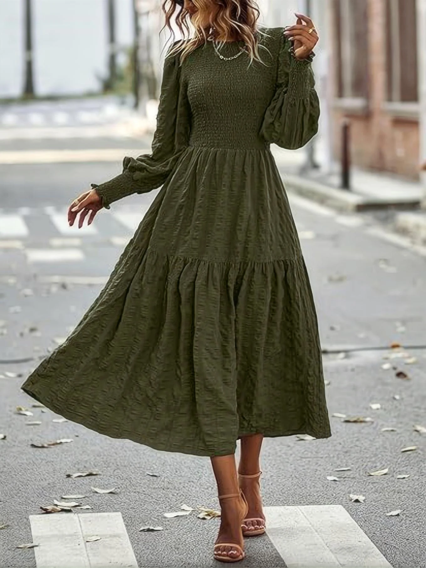 Title 7, Womens Round Neck Lantern Sleeve Long Sleeve D...