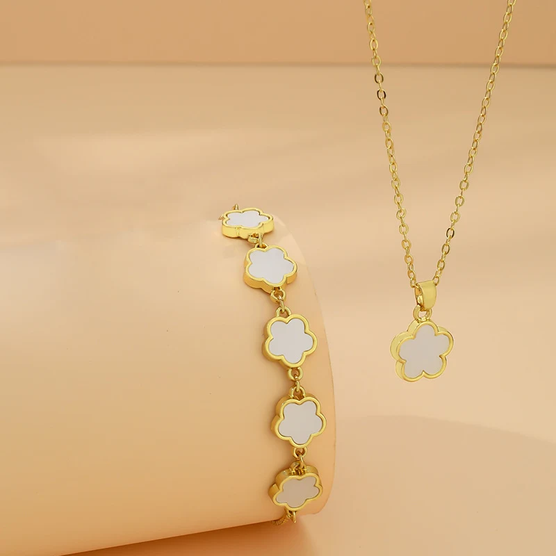 Pulseira e Colar Flor de Cinco Pétalas Conjunto. Venda Quente Cross-border. Kit com 5 Folhas para Sorte e Estilo. Ideal para presentear e usar em qualquer ocasião. — foto 13