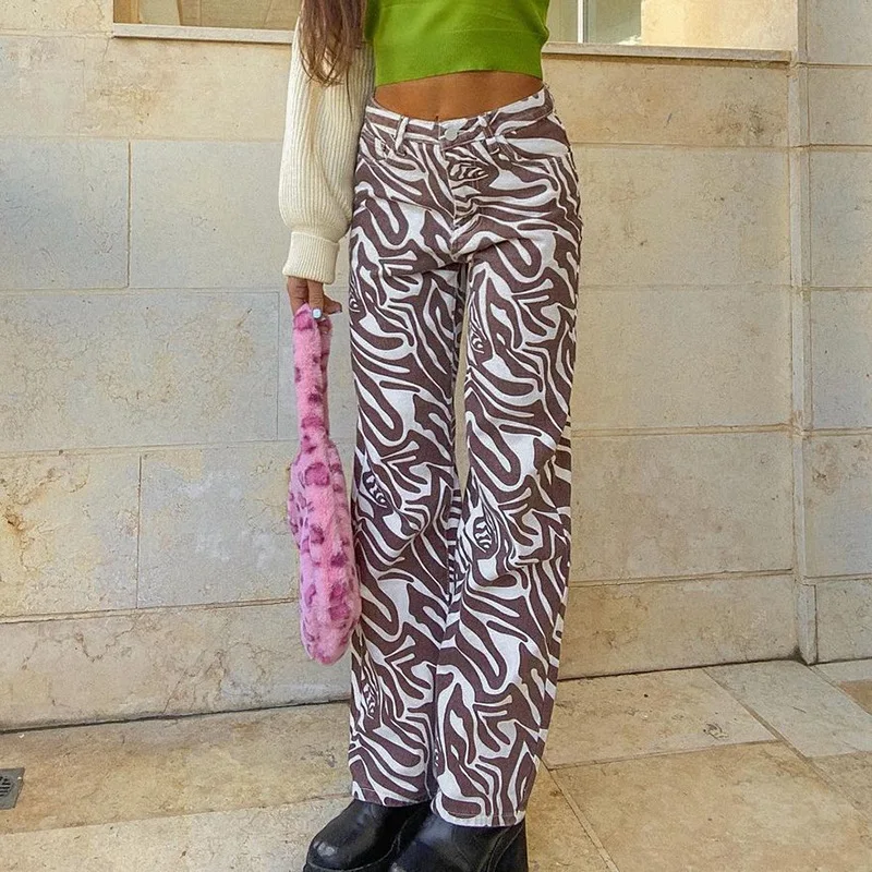 Calças femininas novas AliExpress primavera/verão, azul animal print, soltas, casuais de rua, retas, tecido — foto 26