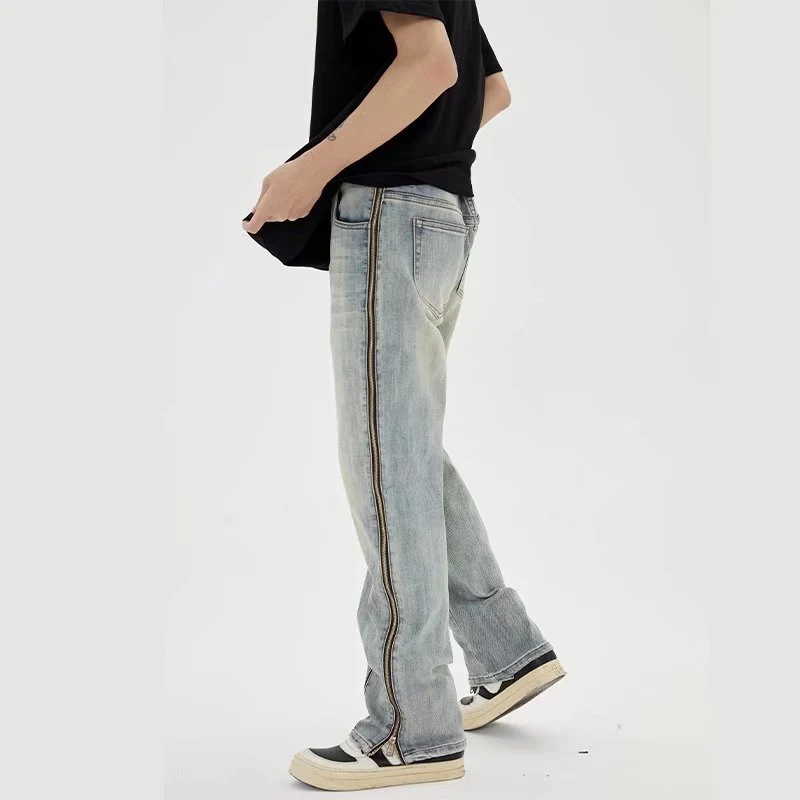 Retro Zipper Jeans Men's Summer Breasted Slit Straight – Stylish and comfortable jeans for summer. Features a unique sli — photo 1