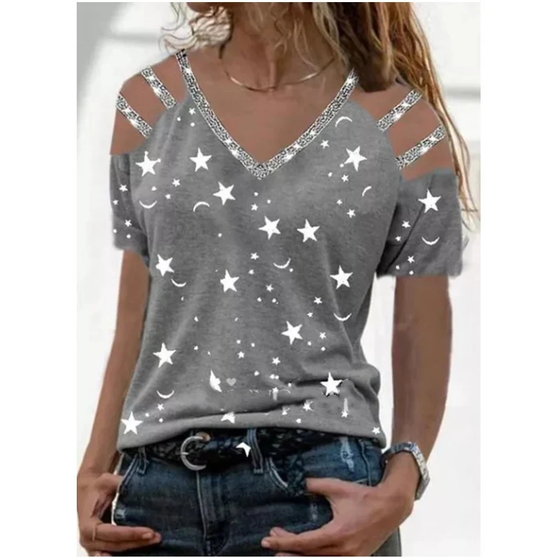 Zomers dames-T-shirt met V-hals en veelkleurige print — foto 4