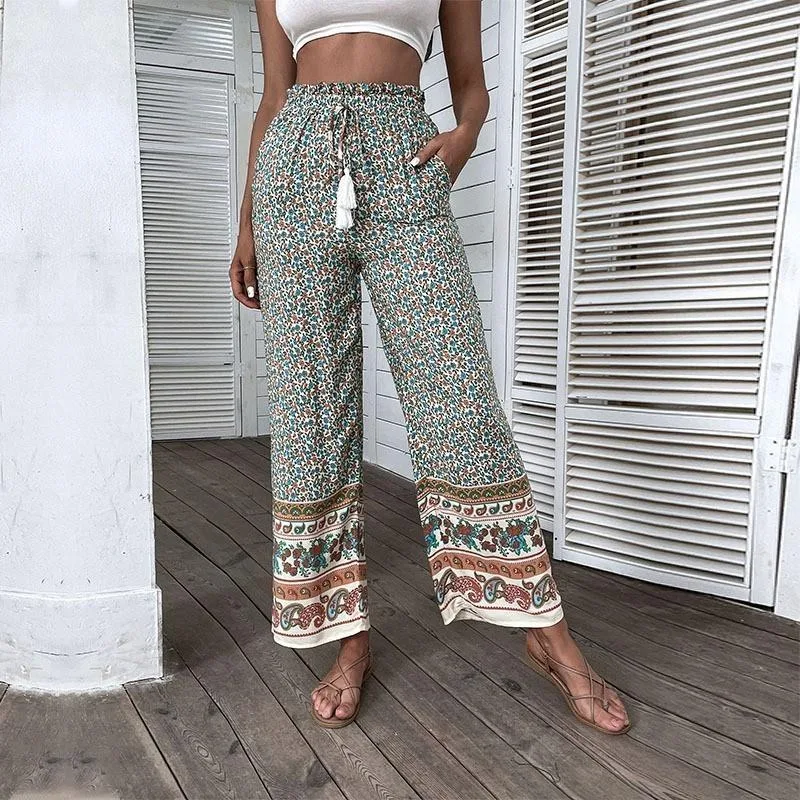Calças Novas Retrô Femininas, Estampadas em Verde, Soltas e Largas, Perna Ampla, Confortáveis e Perfeitas para um Look Casual e Moderno — foto 6