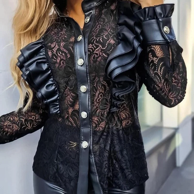 Women's Graceful and Fashionable Lace Stitching Long-sleeved Shirt, offering a stylish and elegant look for various occa — photo 3