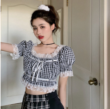 Limo Bobon21 Süßes französisches Top mit kleinem Bund, Bubble-Ärmeln und Spitze, Lisa-Design für einen bezaubernden Look. — foto 2