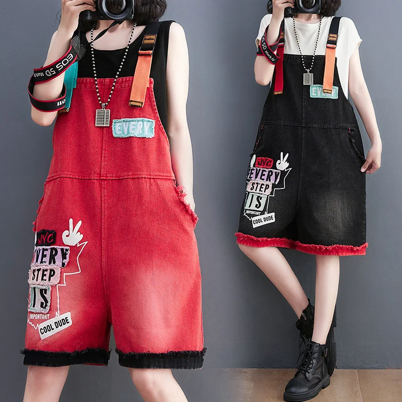 Title 5, Dames grote denim overall shorts met borduursel...
