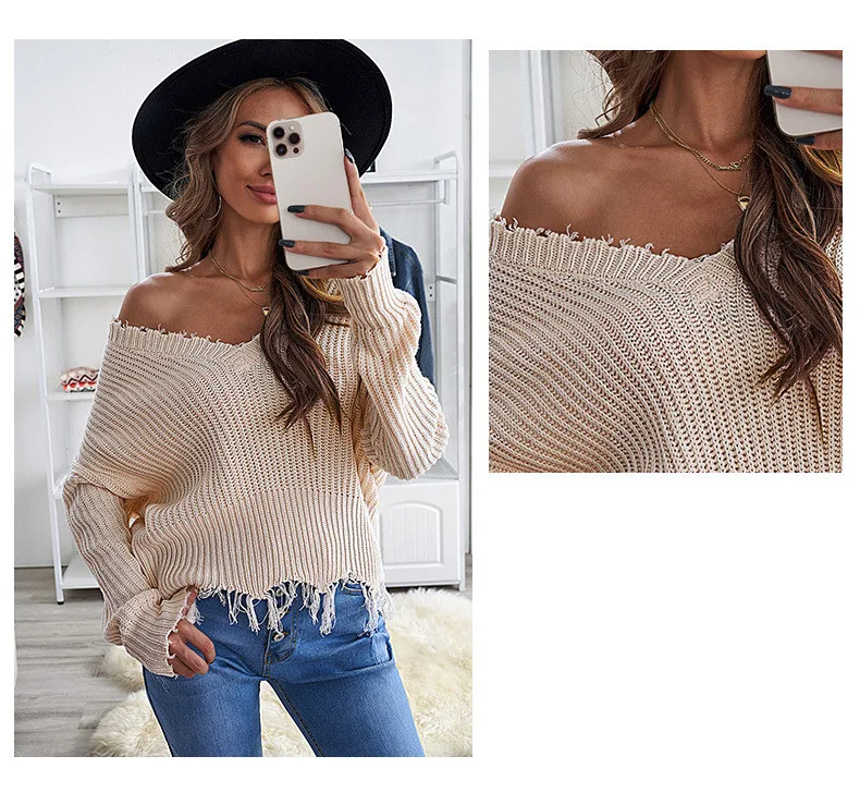 Title 15, Maglione pullover casuale scollo a V tinta unit...