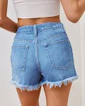 Shorts jeans rasgados cintura alta com detalhes de borlas para um visual moderno, confortável e perfeito para o verão. — foto 13