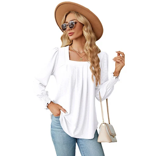 Title 3, Womens Jacquard Pleated Square Collar Long Sle...