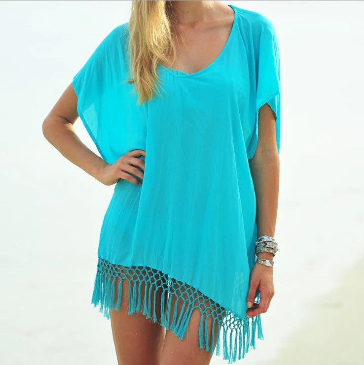 Blusa Superiore Senza Fodera con Nappe Tinta Unita Manica a Pipistrello per Spiaggia Leggera e Fresca Perfetta per l'Estate — foto 5