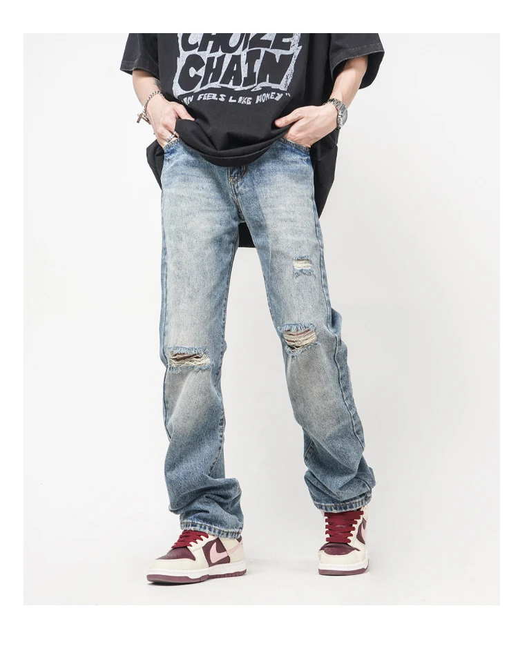Amerikaanse stijl losse ripped jeans voor heren en dames. Casual comfort en een trendy uitstraling. Shop nu de perfecte jeans voor jou! — foto 6