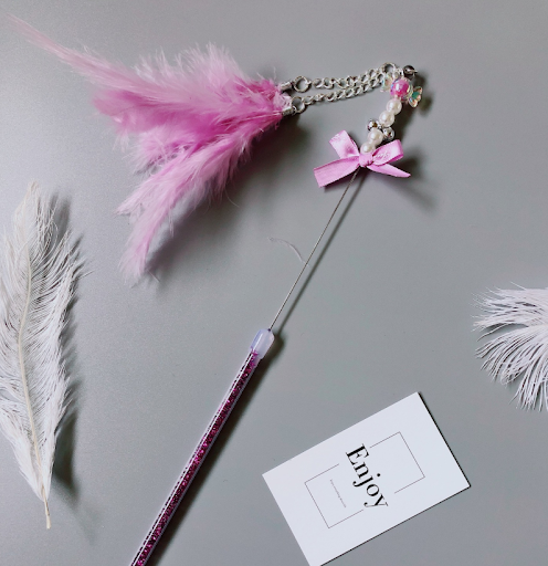 Title 5, Handmade cat stick toy with feathers and bells ...