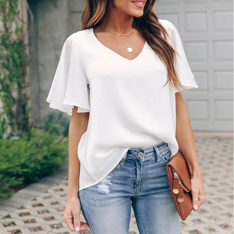 Loose V-Neck Ruffle Sleeve Casual Women's Top — photo 6