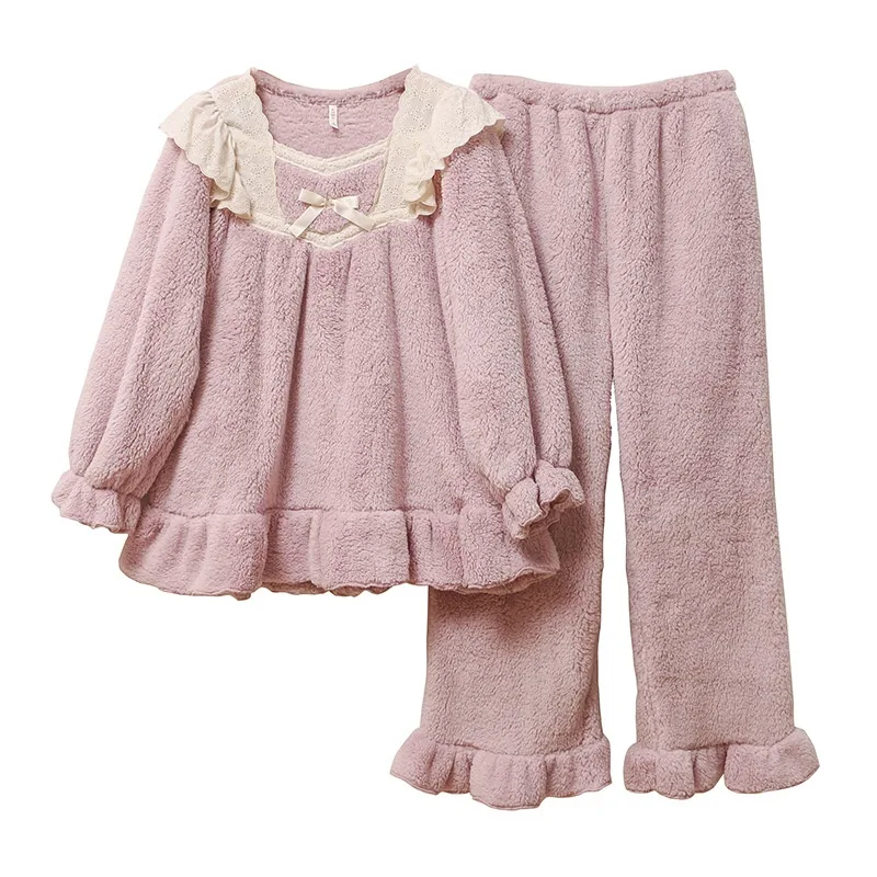 Coral Fleece outono e inverno grosso quente estilo clássico pijamas terno senhoras — foto 8