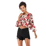 Camisa feminina de chiffon estampada com manga trompete decote em V, casaco curto com cavas, tendência Europa e América, novidade! — foto 2