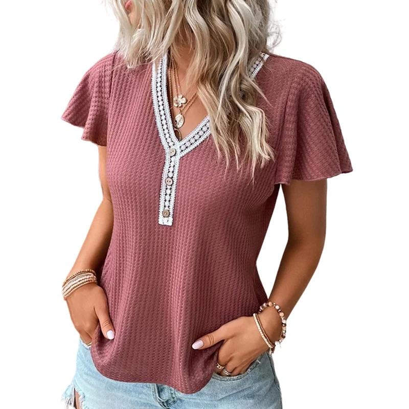 Waffle V-neck Short-sleeved T-shirt for ultimate comfort and style. Breathable, soft fabric perfect for everyday casual — photo 4
