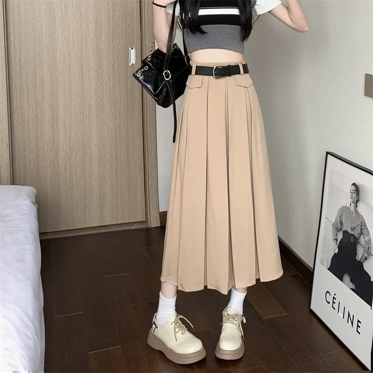 Saia plissada de terno cinza feminina, verão, cintura alta, emagrecimento, barra ampla. Perfeita para um look elegante e fresco. — foto 20