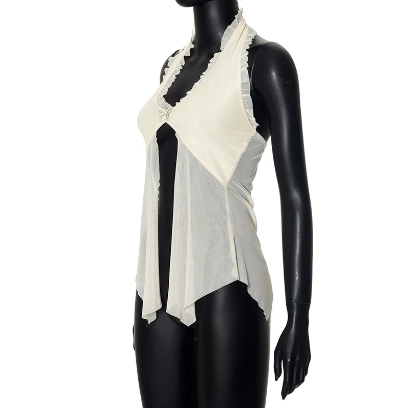Halter Mesh See-through Lace Midriff-baring Top T-shirt — photo 17