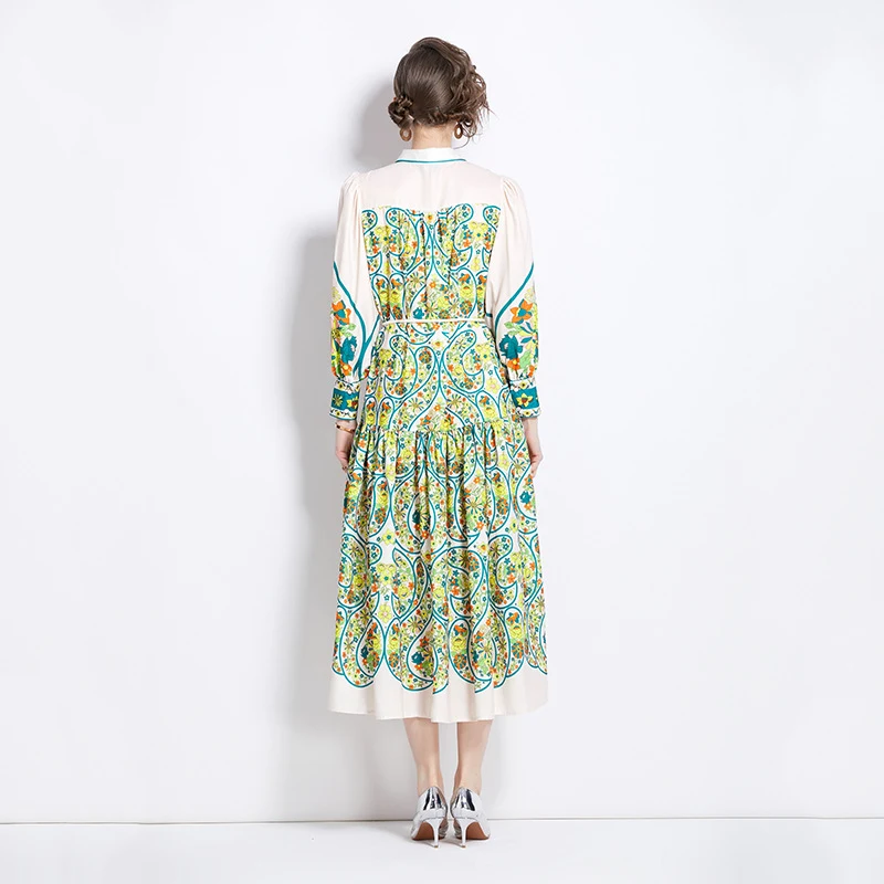 Retro Cotton And Linen Lapel Lantern Sleeve Printing Dress — photo 2