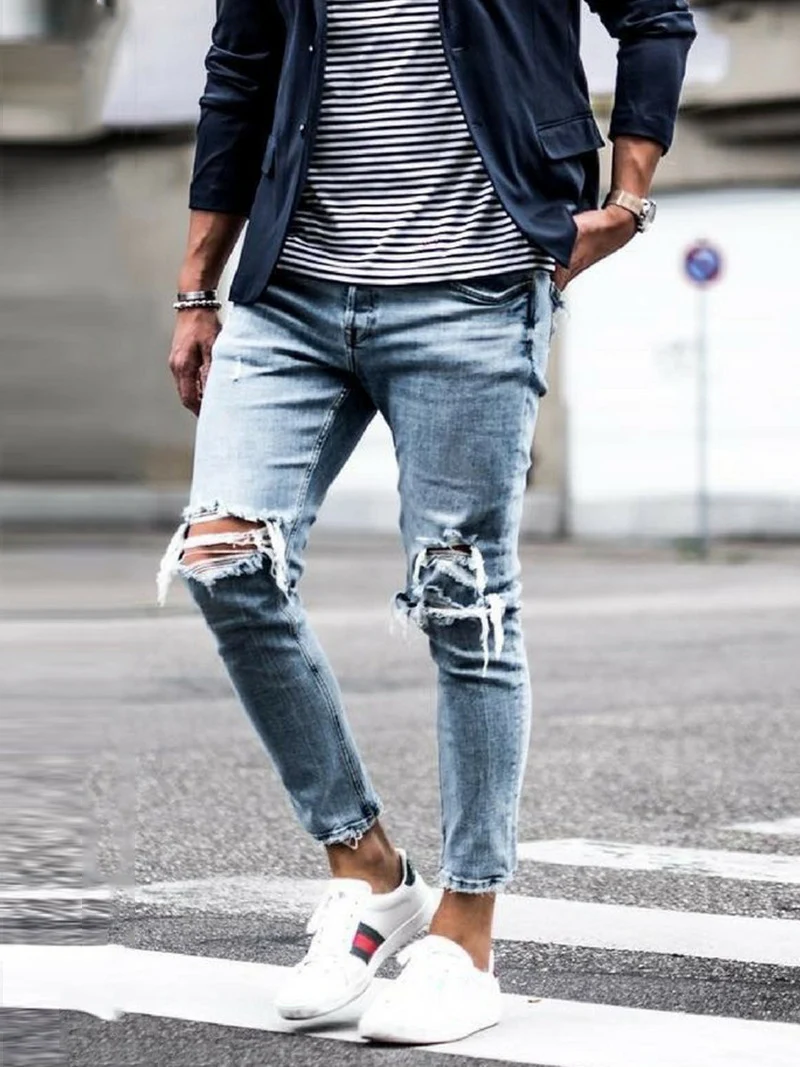 Men's jeans with holes, new ripped trousers. Comfortable and stylish for a modern, casual look. Perfect everyday jeans t — photo 4